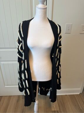 FARM Rio Black Open-Front Sweater Cardigan with Cream Braided Detail